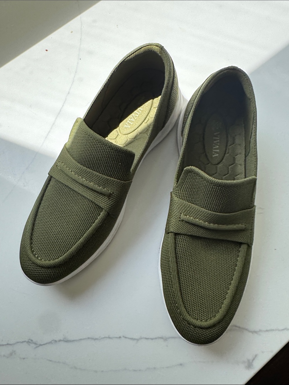 Vionic Olive Green Knit Slip-On Loafers with White Sole